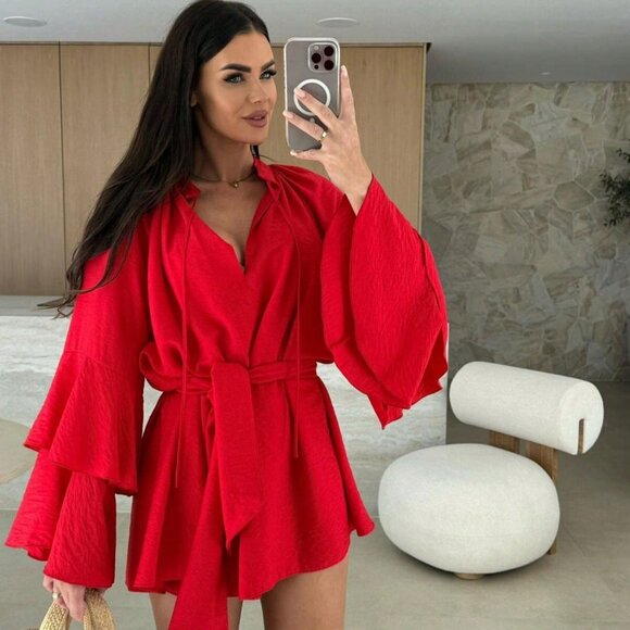 Red Glam Women's V-Neck Asymmetrical Tie-Up Long Sleeve Loose Mini Dress - Picture 5 of 8
